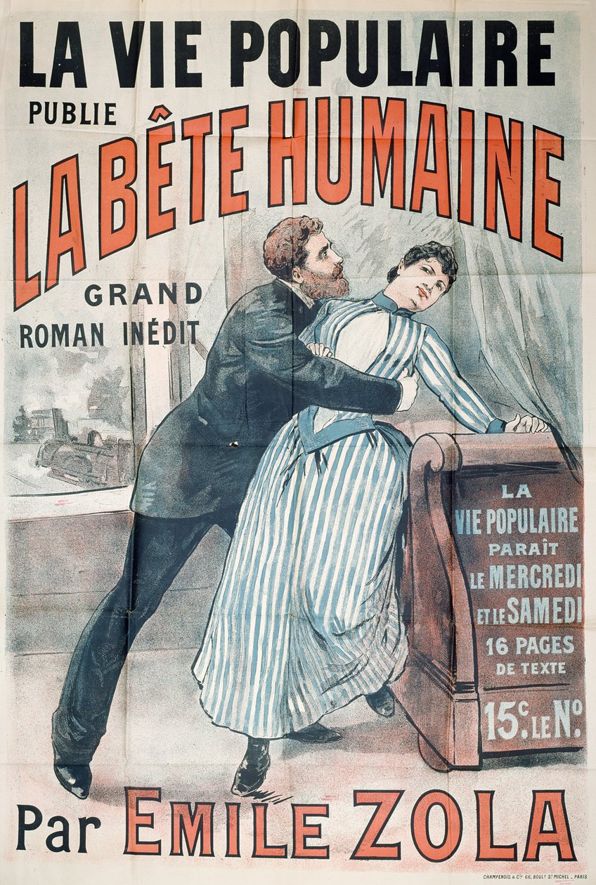 Poster ter promotie van de publicatie van La Bête Humaine door Emile Zola (1840-1902) in La Vie Populaire, c.1890 door French School