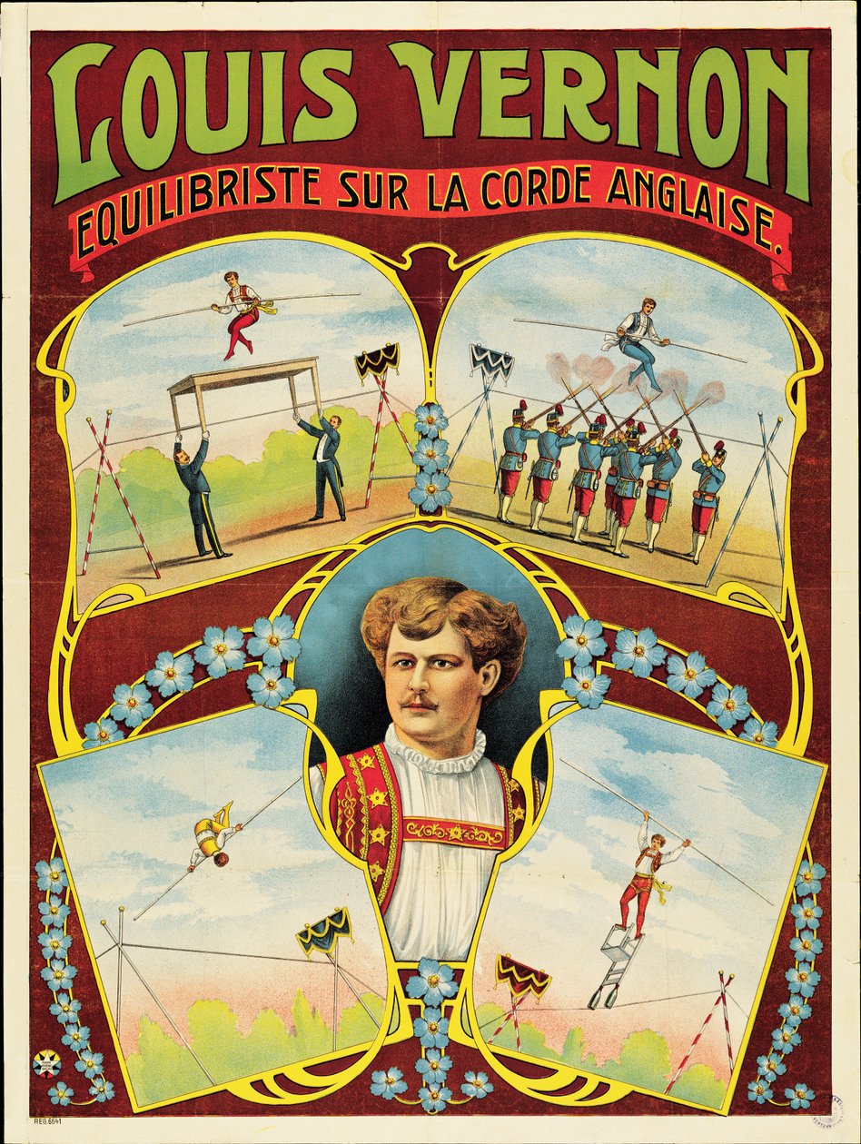 Poster die koorddansvoorstellingen door Louis Vernon adverteert door French School