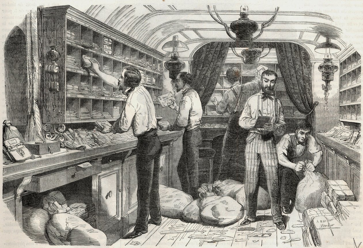 Post: interieur van het rijdende kantoor - Gravure in 