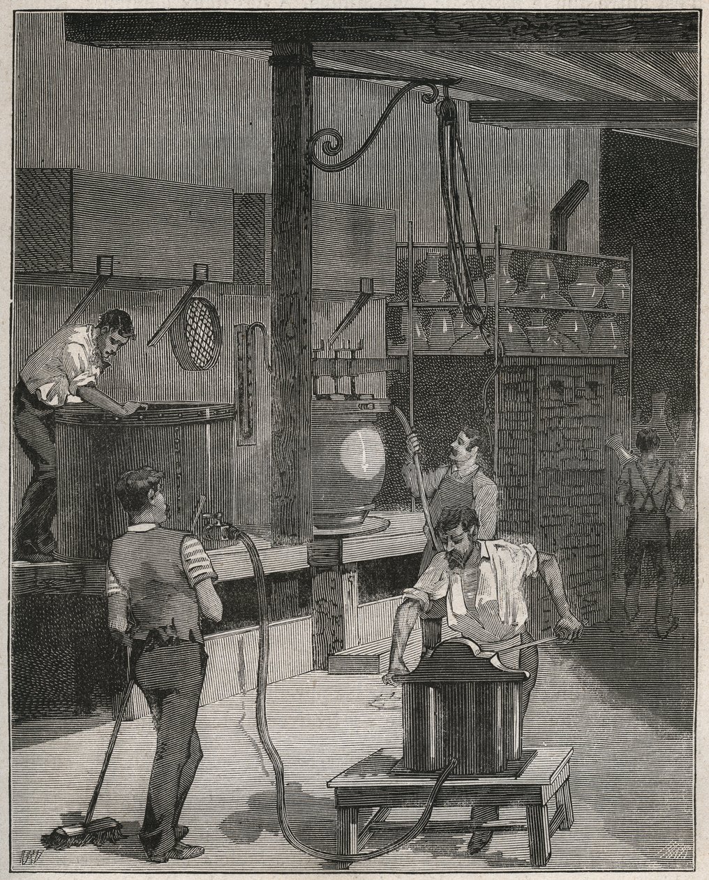 Aardewerk, Manufacture de Sèvres: vacuüm- en persluchtgietwerkplaats. Gravure uit 1885 in 