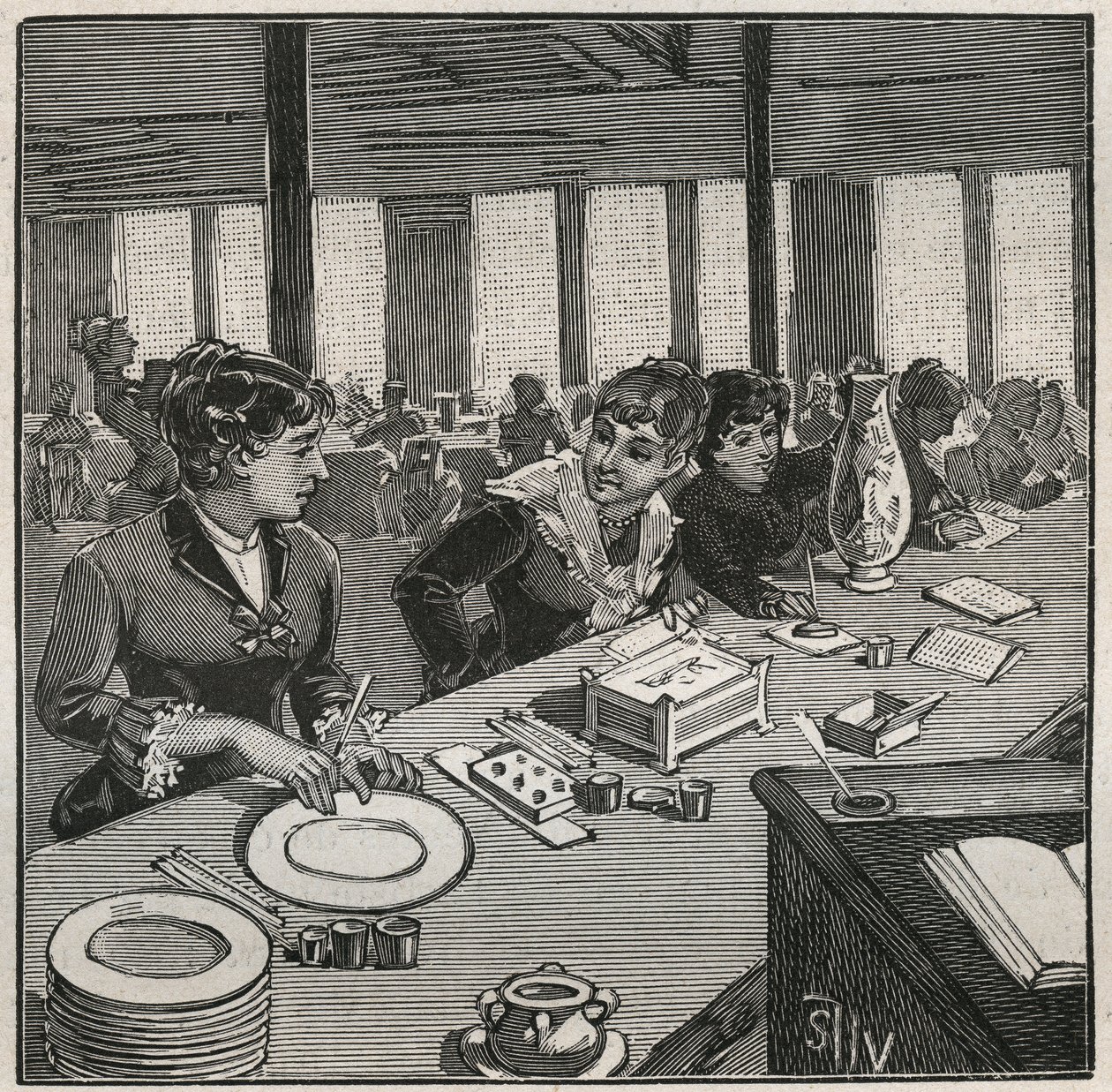 Aardewerk: schilderwerkplaats op porselein in de 19e eeuw in Frankrijk. Gravure uit 1880 in 