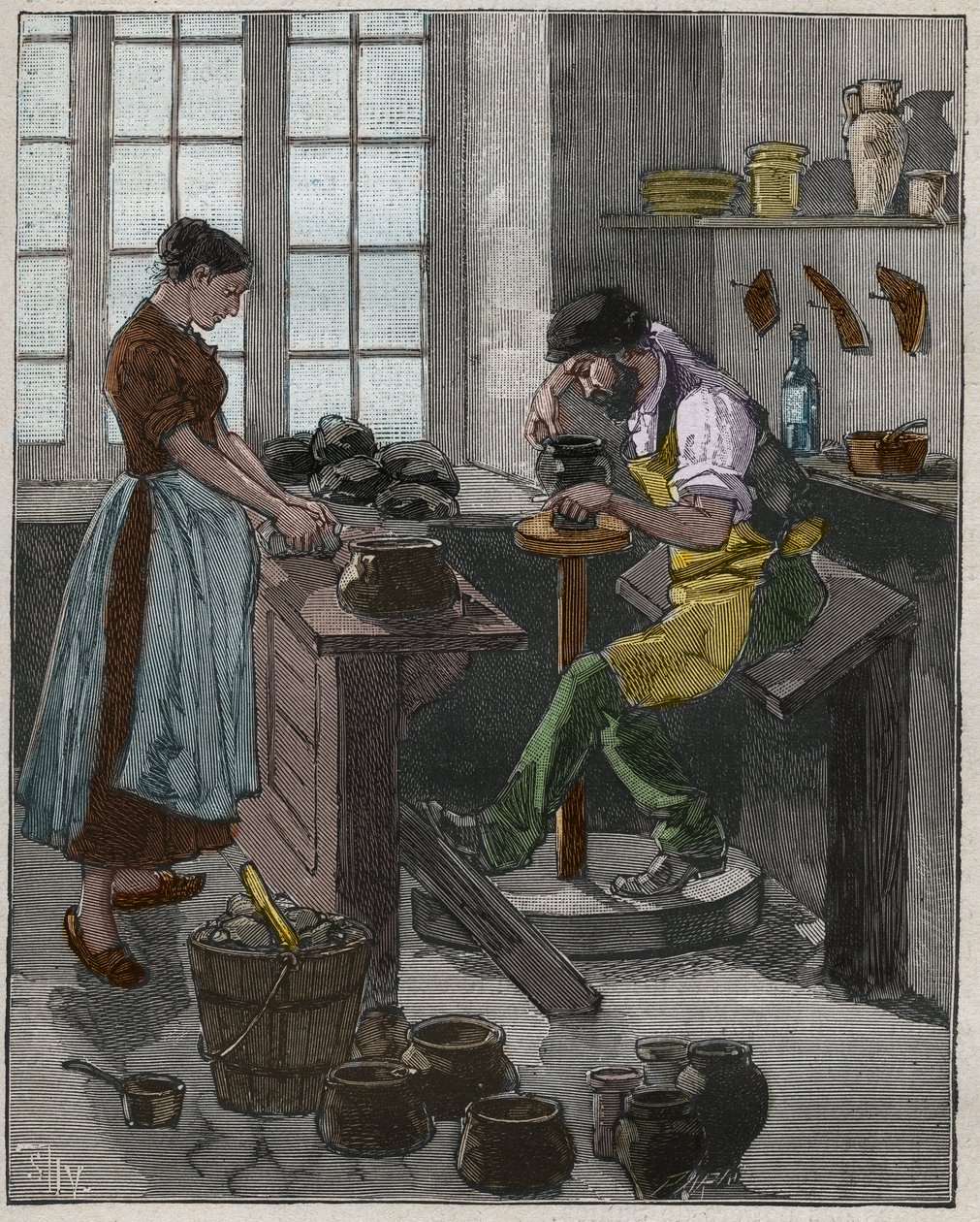 Pottenbakkerij: pottenbakker maakt een vaas op de draaischijf. Frankrijk. door French School