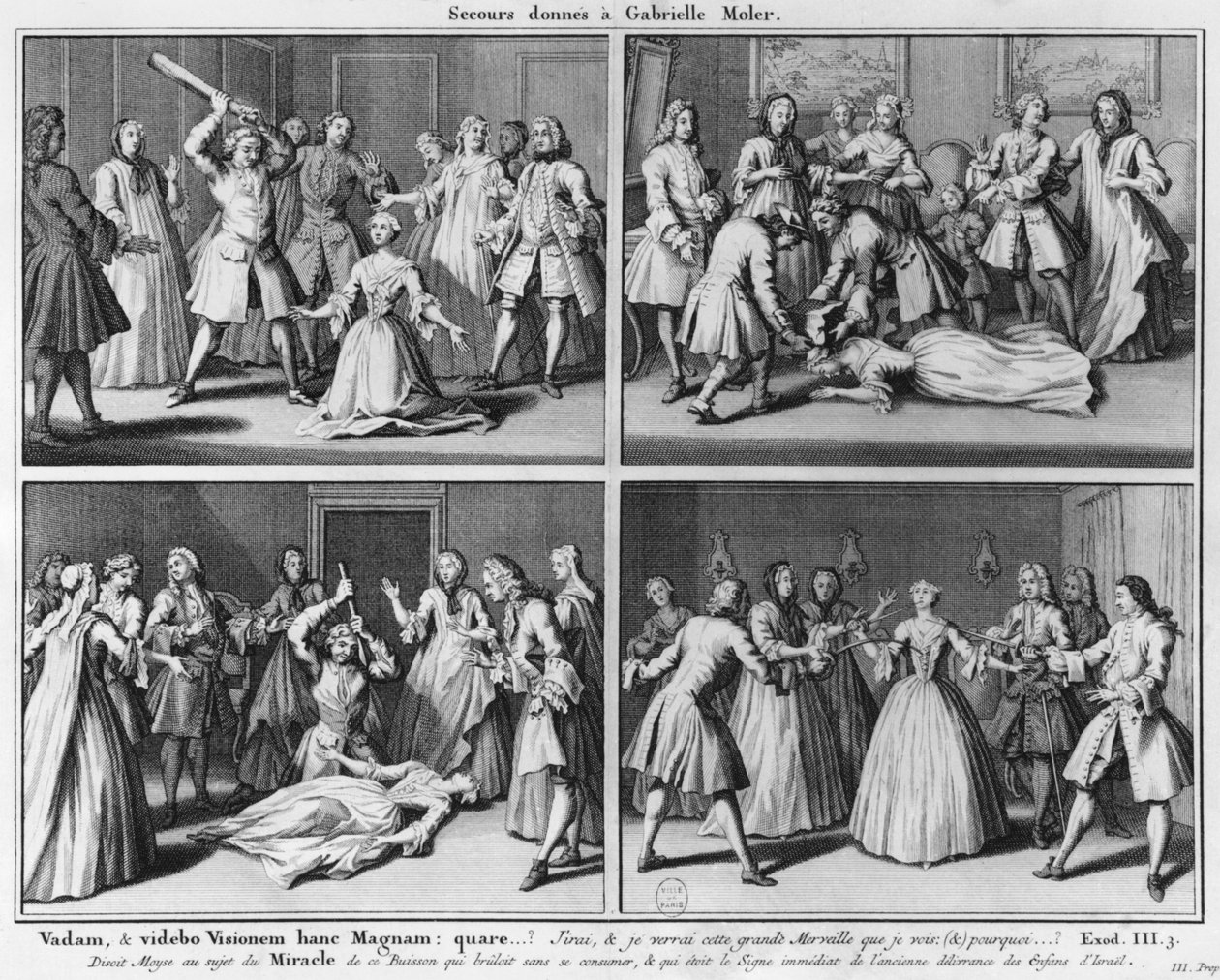 Oefening van hulp aan Gabrielle Moler, illustratie uit La vérité des miracles de M. de Paris... door Louis Basile Carré de Montgeron (1686-1754) 1747, Keulen door French School