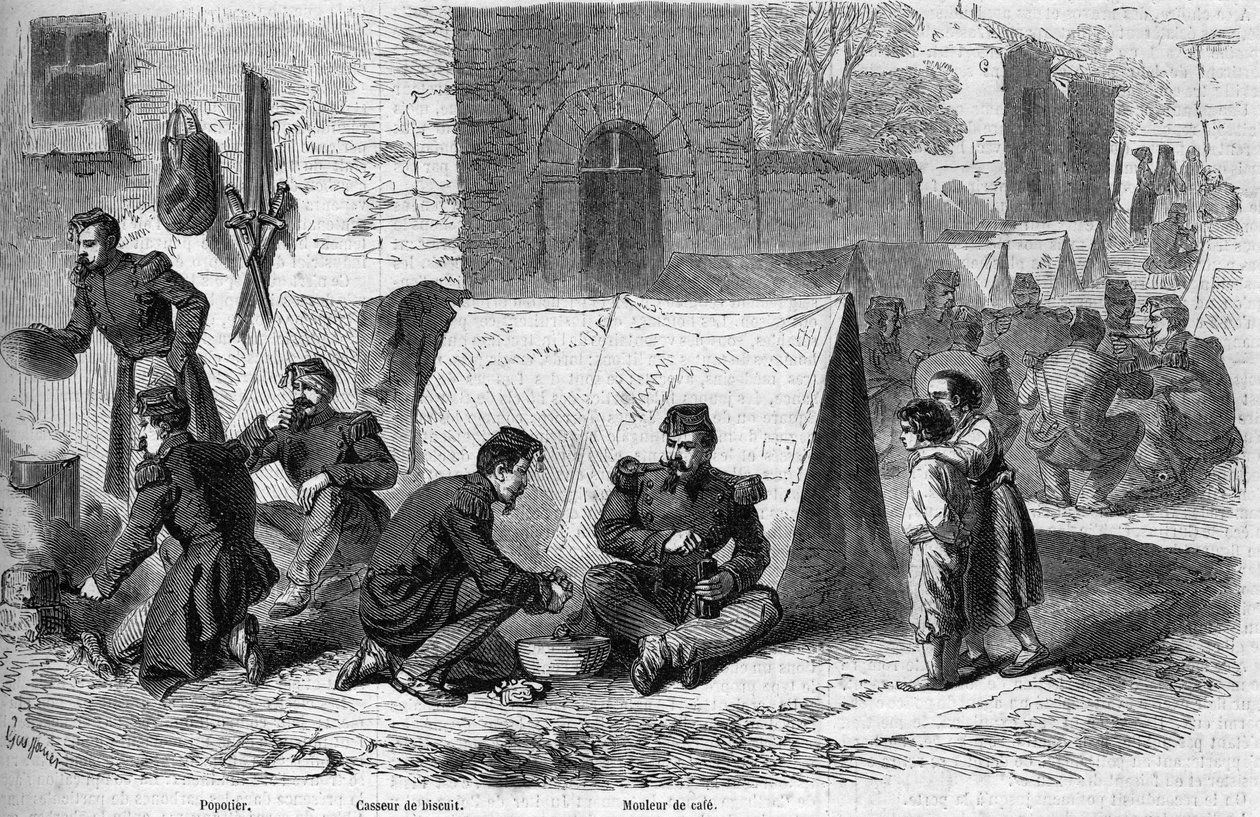 Voorbereiding van de “popote” (maaltijd) van het 1e regiment grenadiers van de Franse Keizerlijke Garde tijdens de Risorgimento. Van links naar rechts: een “popotter”, een “biscuitbreker” en een “koffiemaker”. Cavriana, Italië door French School