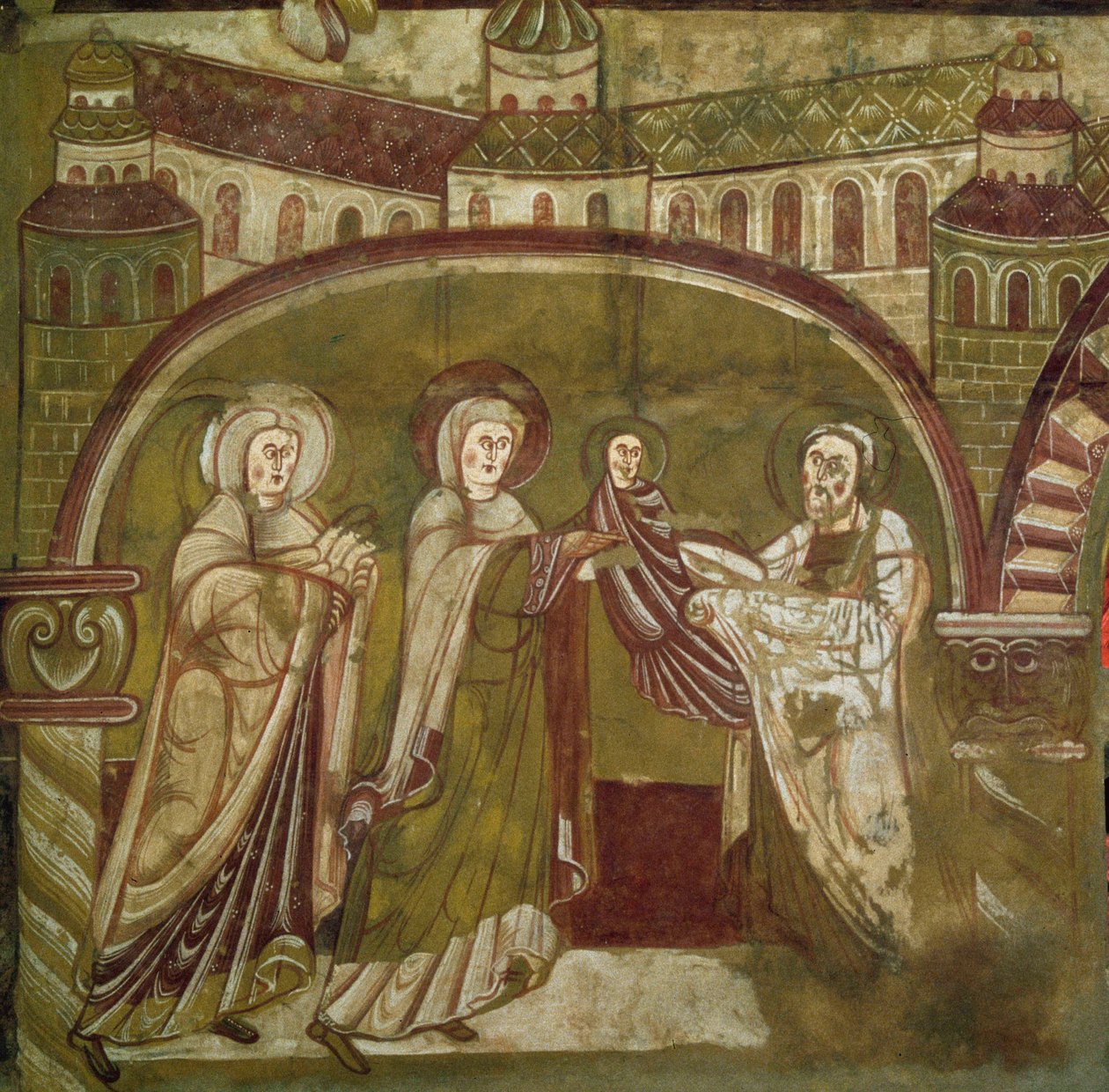 Presentatie van Jezus in de Tempel. Fresco van de kerk van Vic sur Cere (Cantal). 12e eeuw. Parijs, Museum van Monumenten door French School
