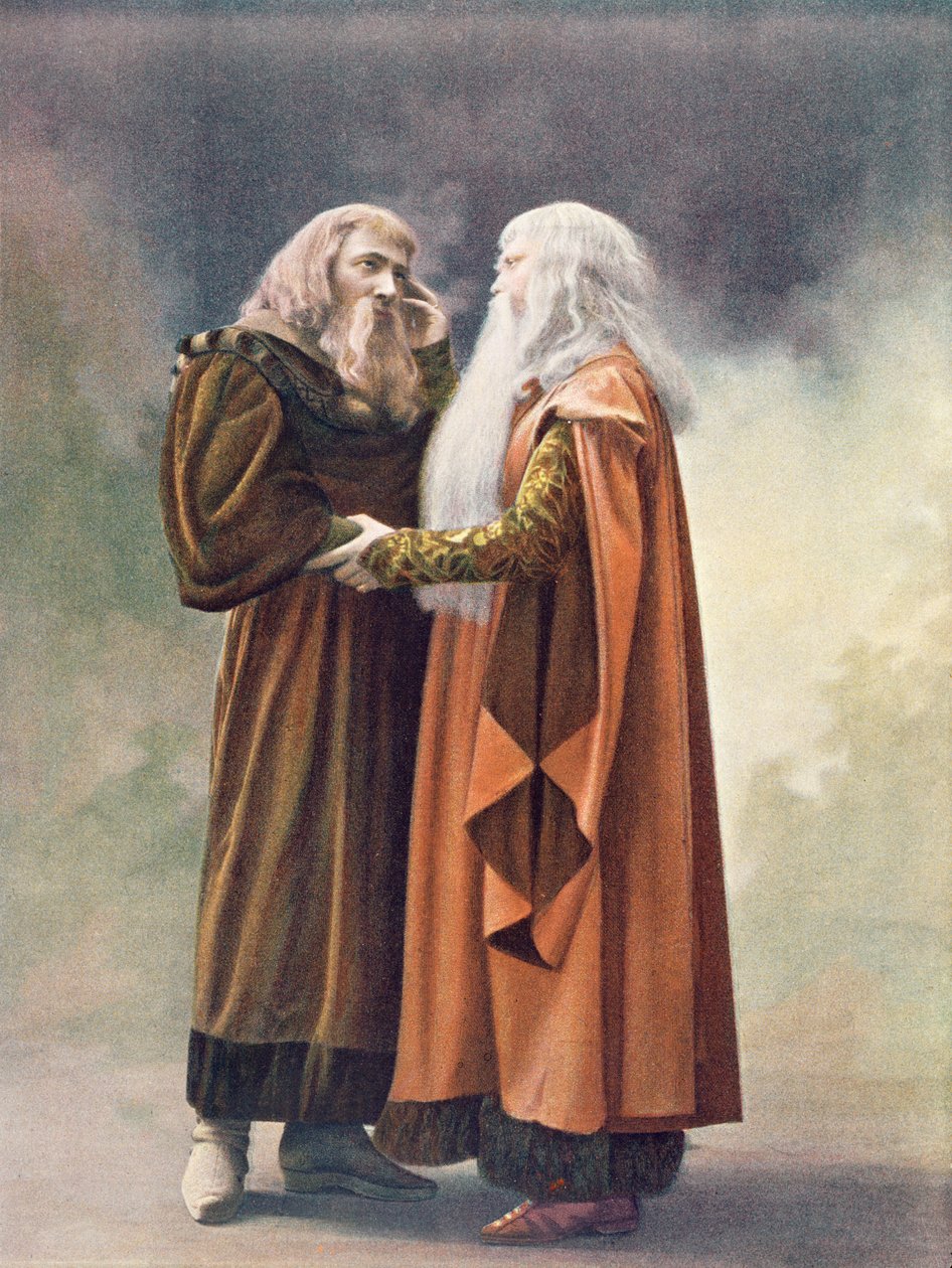 Prins Golaud en zijn grootvader, koning Arkel, in Pelleas en Melisande door Debussy, van een foto van de eerste productie in april 1902 van de opera in de Opera-Comique in Parijs, illustratie in Theatre magazine door French School