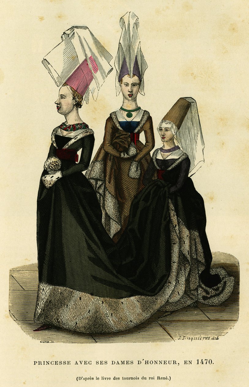 Prinses met haar hofdames, rond 1470. Kleurgravure naar het boek van de toernooien van koning René, in 