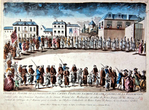 Processie in Parijs van Franse gevangenen vrijgelaten uit gevangenschap in Algerije door betaling van losgeld door French School