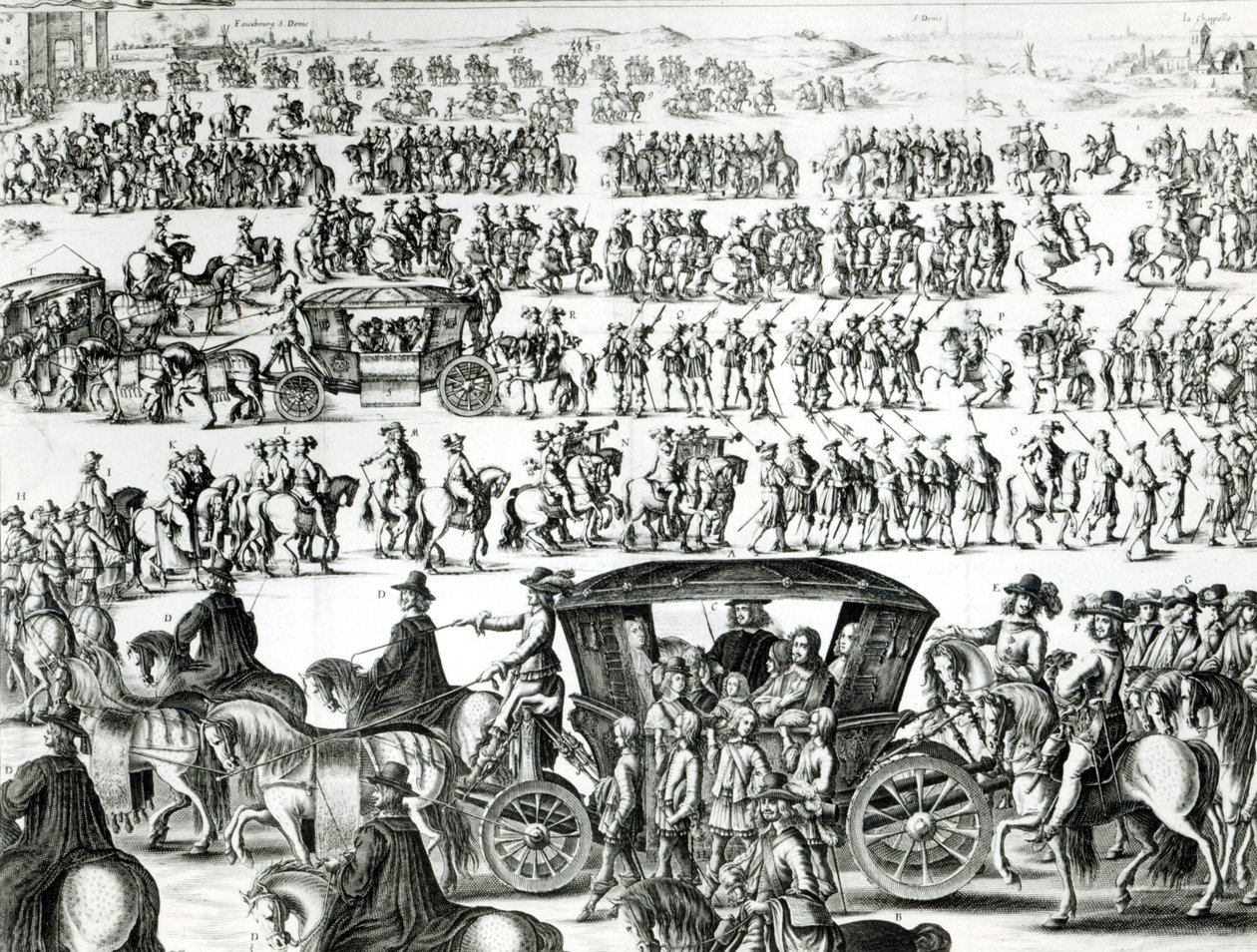 Processie van de intocht van de jonge koning Lodewijk XIV als kind in de stad Parijs op 18 augustus 1649 (detail) door French School