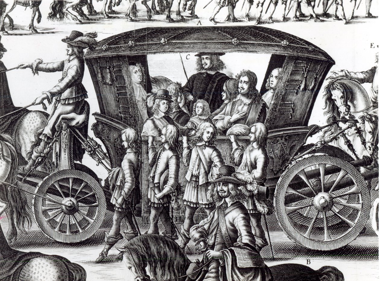 Processie van de intocht van de jonge koning Lodewijk XIV als kind in de stad Parijs op 18 augustus 1649 (detail) door French School