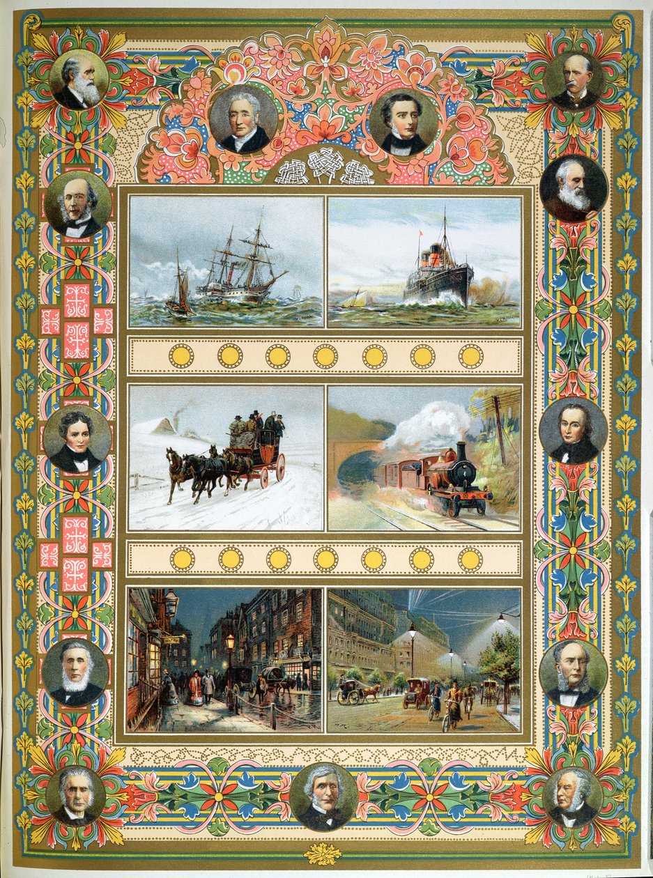 Vooruitgang tijdens het bewind van Koningin Victoria (1819-1901). Zeilschepen, stoomschepen, stoomtrein en gas- en elektrische straatverlichting, 1887 door French School