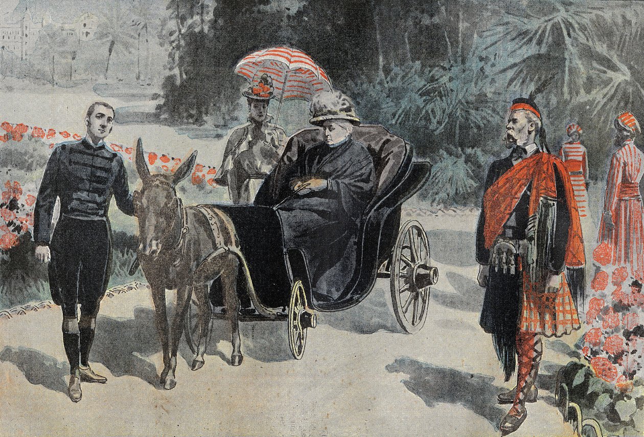 Wandeling van Victoria I (1837-1901) Koningin van Engeland, in het park van Hotel Cimiez nabij Nice. Gravure in 