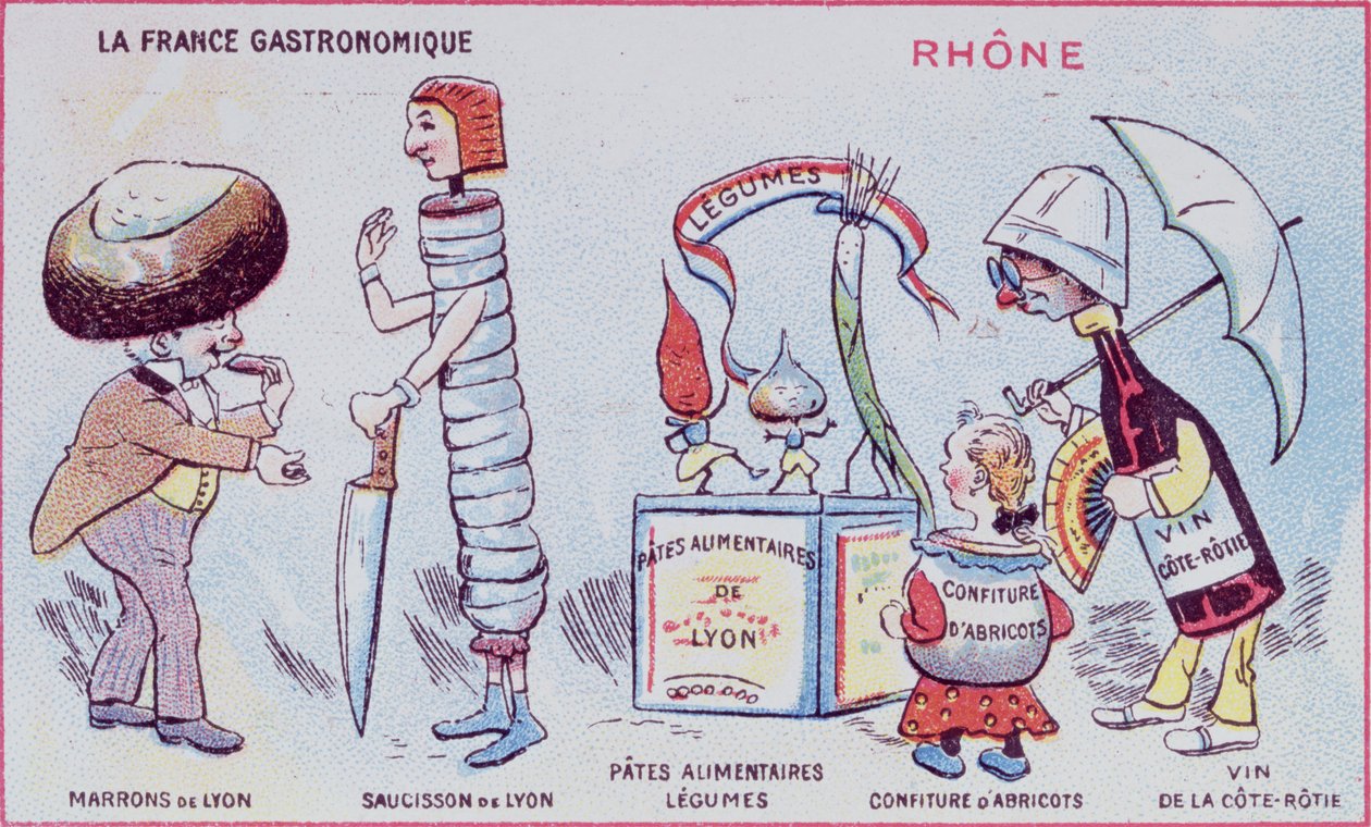 Promotie- en educatieve kaart voor kinderen met voedsel specialiteiten van de Rhone regio, ca.1900 door French School
