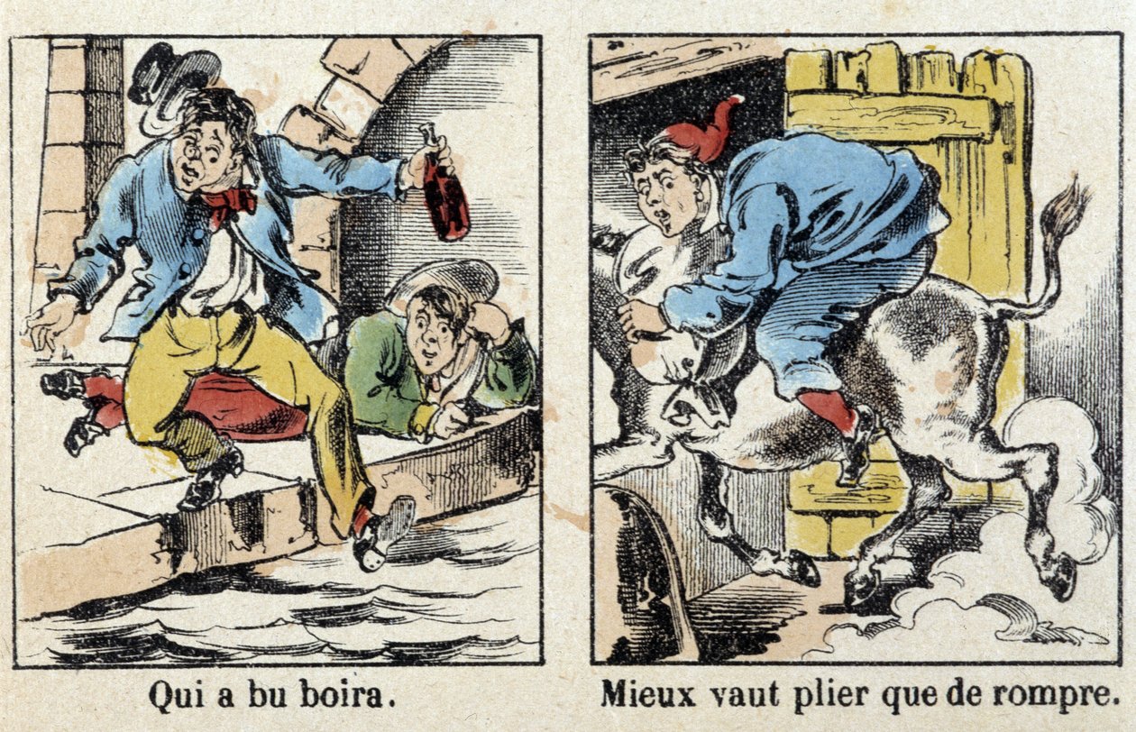 Spreekwoorden in afbeeldingen van Epinal: Wie dronk drank. Beter buigen dan breken. door French School