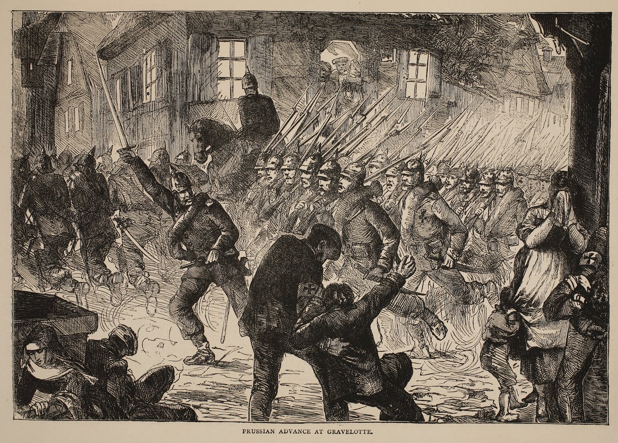 Pruisische opmars bij Gravelotte, illustratie uit Cassells Geschiedenis van de Oorlog tussen Frankrijk en Duitsland, 1870-1871 door French School