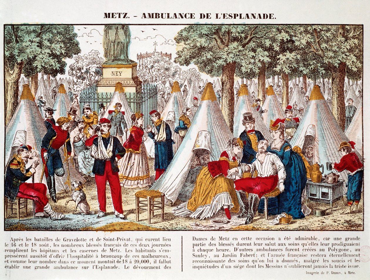 Pruisische oorlog: een ambulance geïnstalleerd op de esplanade om de gewonden te behandelen in 1870 in Metz (gravure) door French School