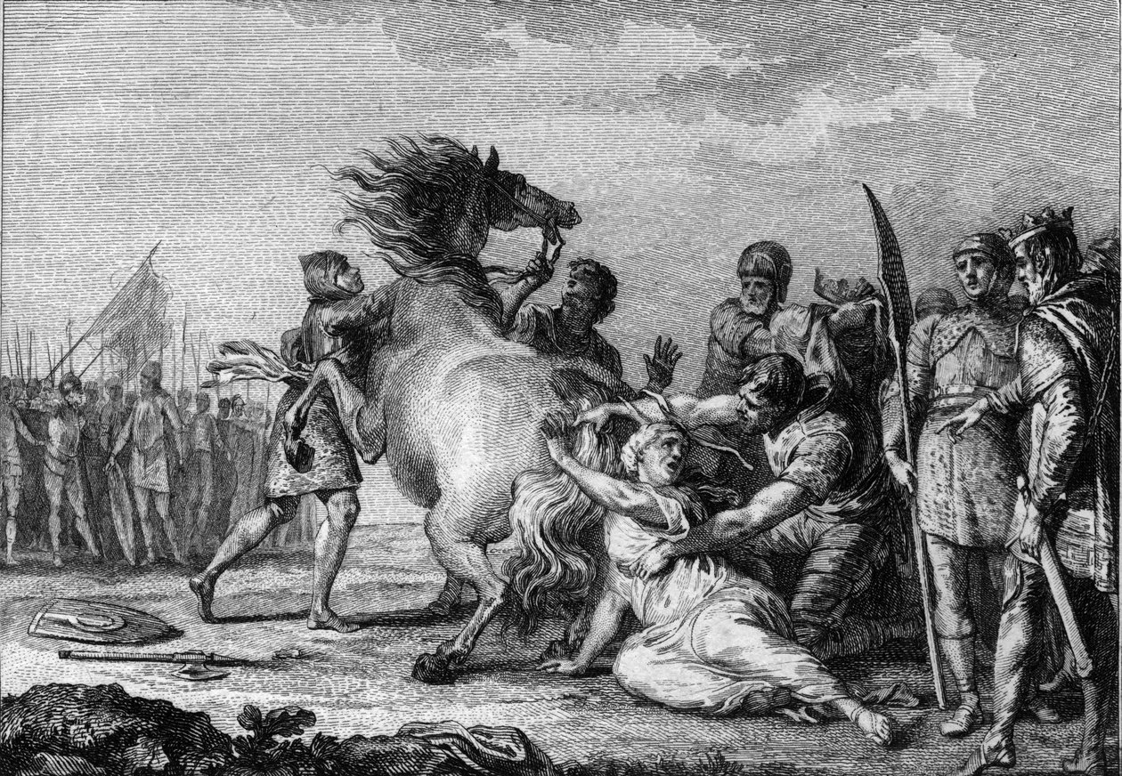 Straf van Brunehaut, 613: Brunehaut of Brunehilde (543-613), koningin van Austrasië, is vastgebonden aan de staart van een ontembaar paard voordat ze op de grond werd gesleept. Gravure uit de 18e eeuw. door French School