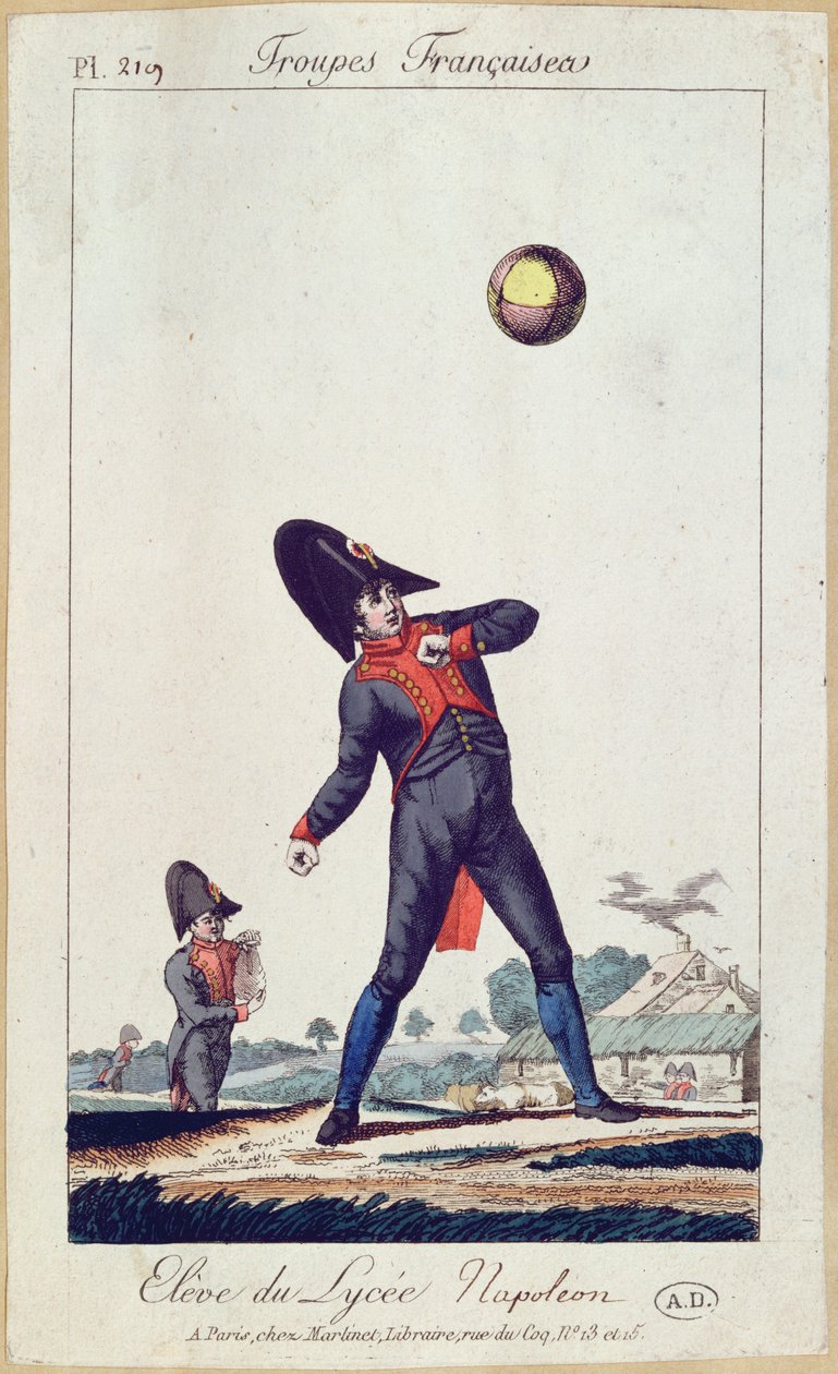 Leerling van het Lycee Napoleon die bal speelt, c.1805 (kleurgravure) door French School