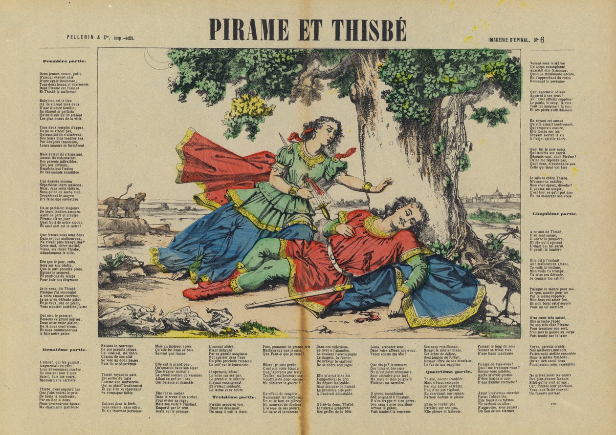 Pyramus en Thisbe (kleurenlitho) door French School