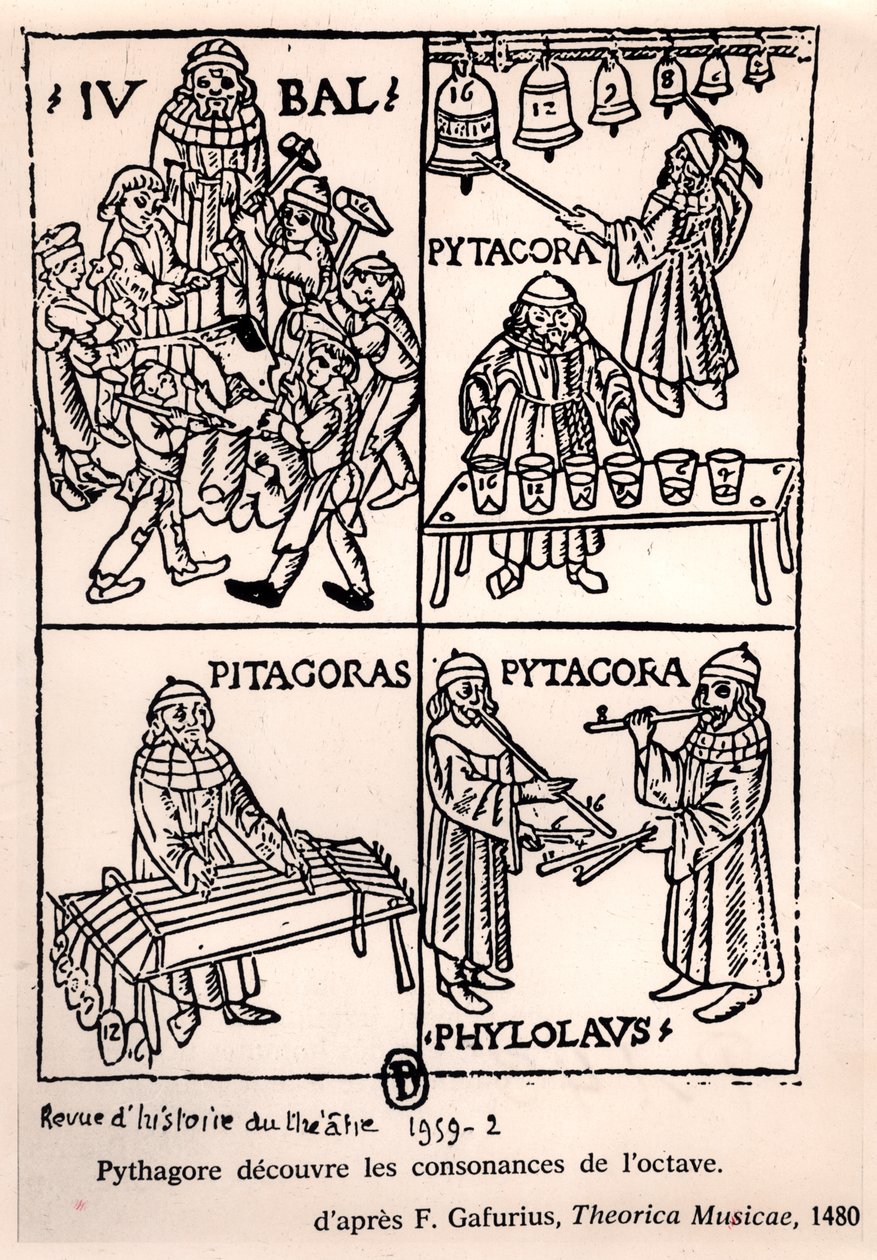 Pythagoras (ca. 580-500 v.Chr.) ontdekt de consonanties van het octaaf, uit Theorica Musicae door Franchino Gaffurio, voor het eerst gepubliceerd in 1480, uit Revue de l