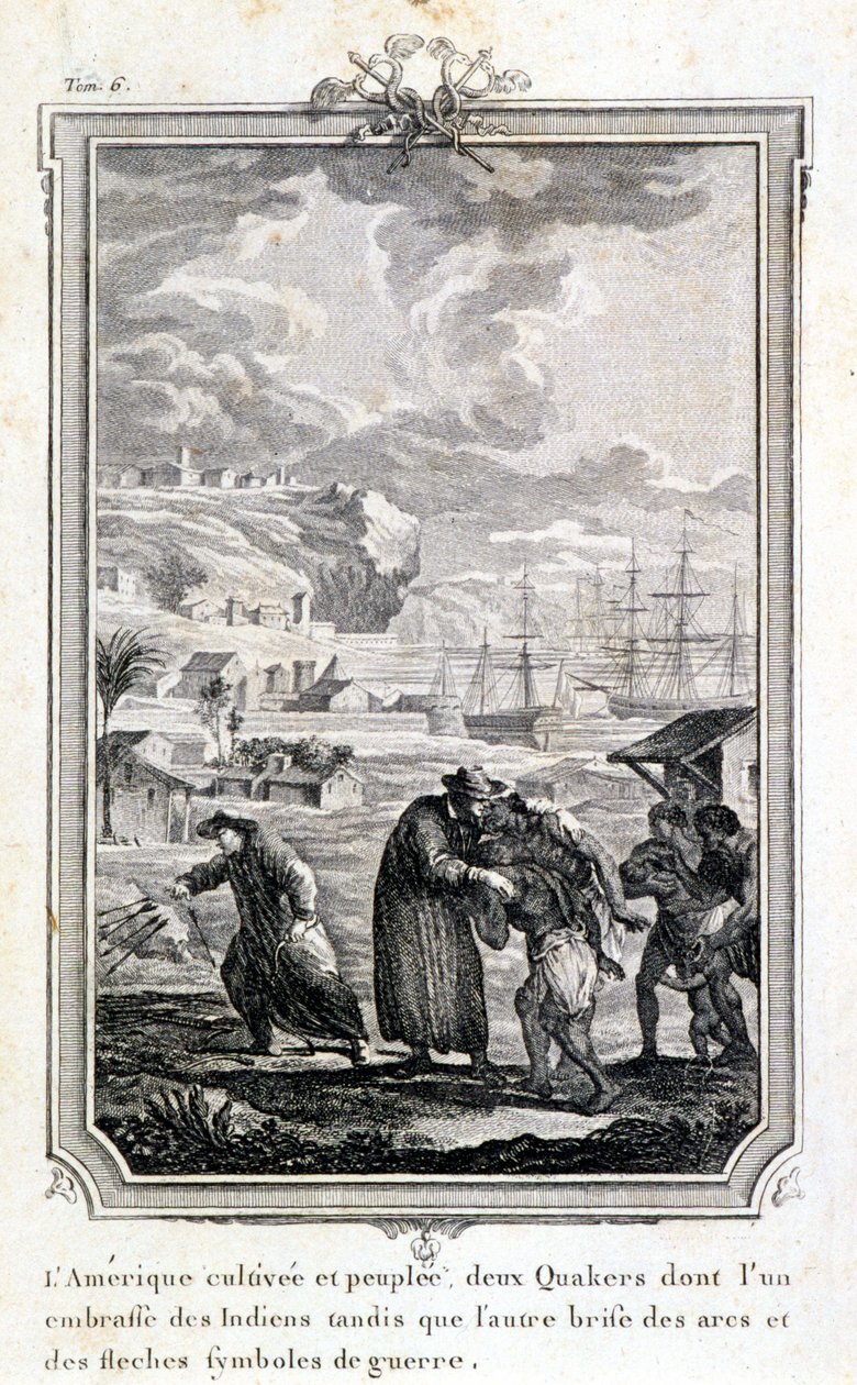 Quaker missionarissen proberen de indianen van Amerika te evangeliseren - gravure door French School
