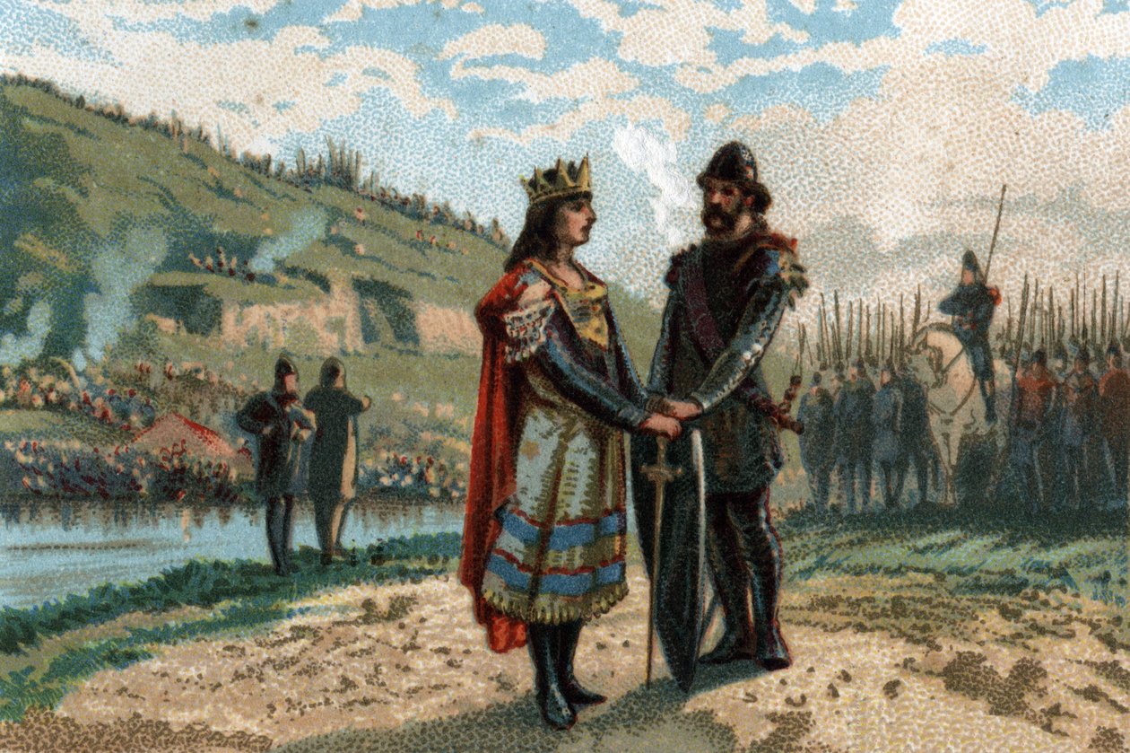 Rainfroy (Rainfroi), burgemeester van het paleis van Neustrië, sluit een alliantie met de Friezen en Saksen om tegen Austrasië te vechten. Chromolithografie rond 1890 door French School