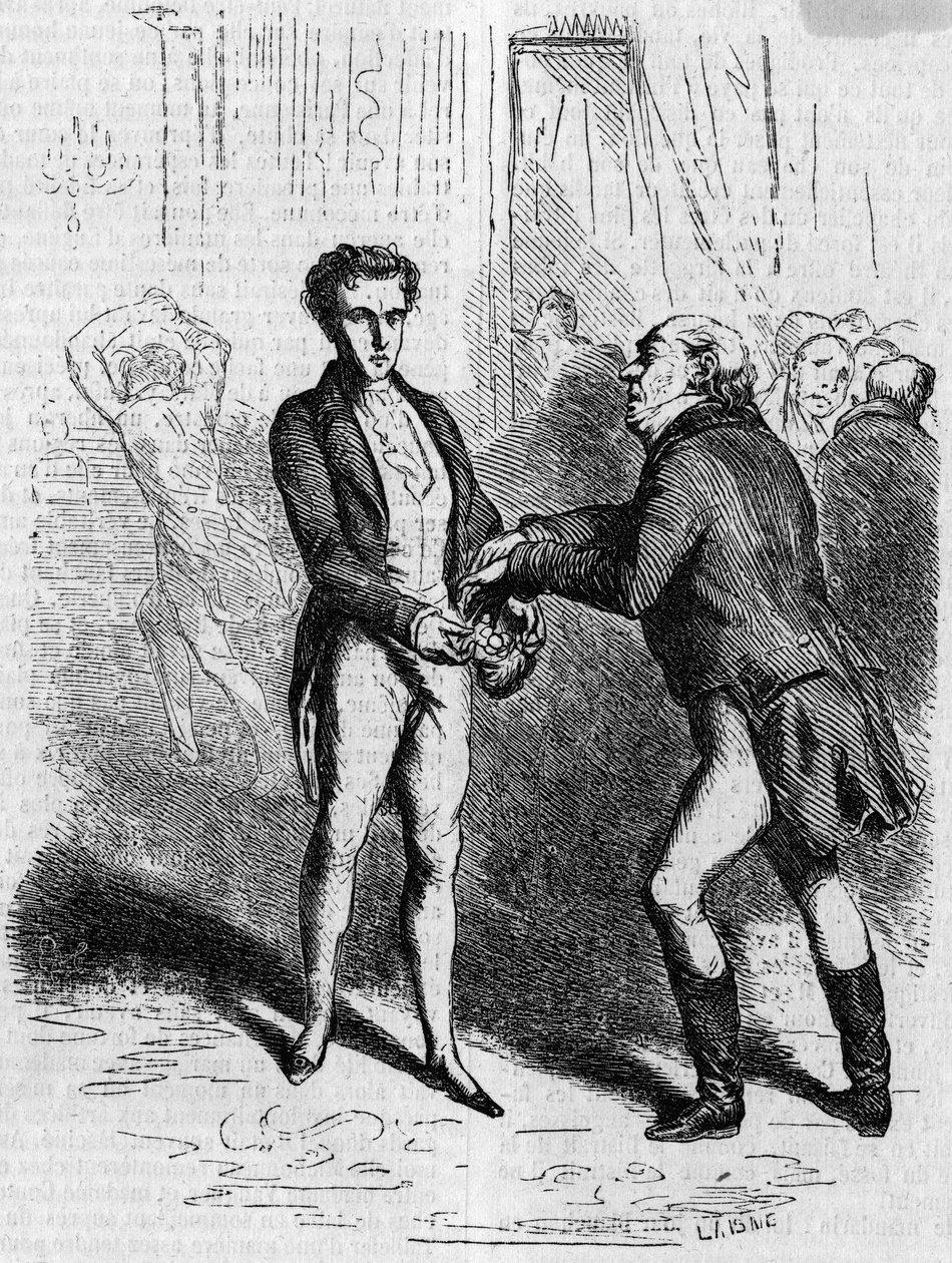 Rastignac duizelig laat de grijsharige man tien louis nemen. Gravure midden 19e eeuw. Illustratie voor 