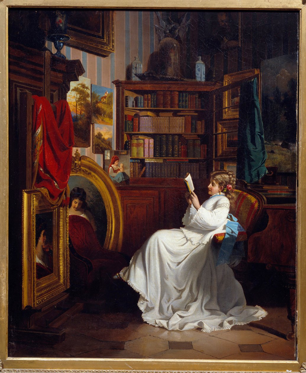 Lezende meisje dat een boek leest in een kantoor door French School