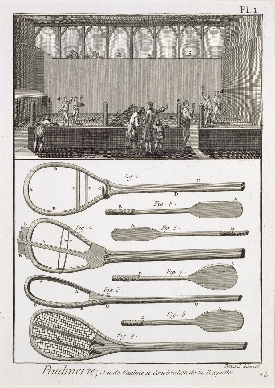 Real tennis en de constructie van rackets, uit de Encyclopedie door Denis Diderot (1713-84), gegraveerd door Robert Benard (b.1734), gepubliceerd c.1770 door French School