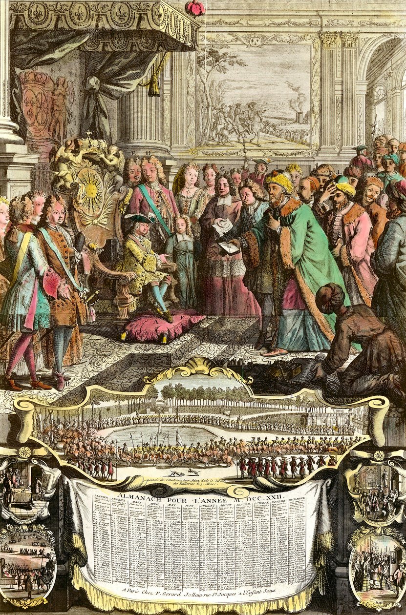 Ontvangst van Mehemet Effendi, Turkse ambassadeur van de grote Sultan Achmet door Lodewijk XV op 21 maart 1721 in de Tuileries. Gravure uit de 18e eeuw. Privécollectie door French School