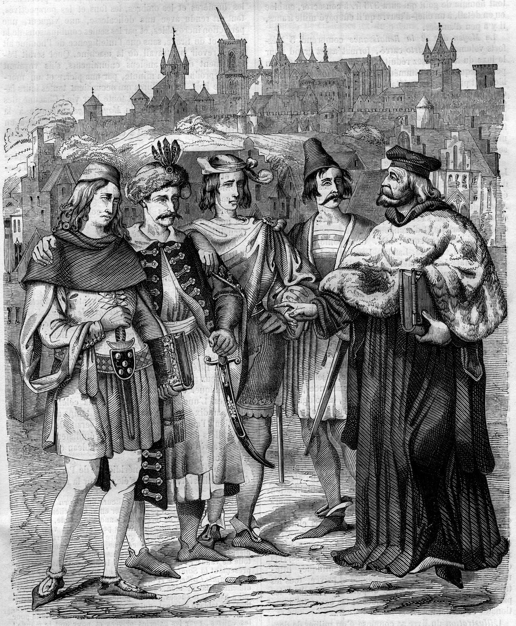 Rector en studenten van verschillende naties aan de Universiteit van Praag in de 17e eeuw. Gravure uit 1852 door French School