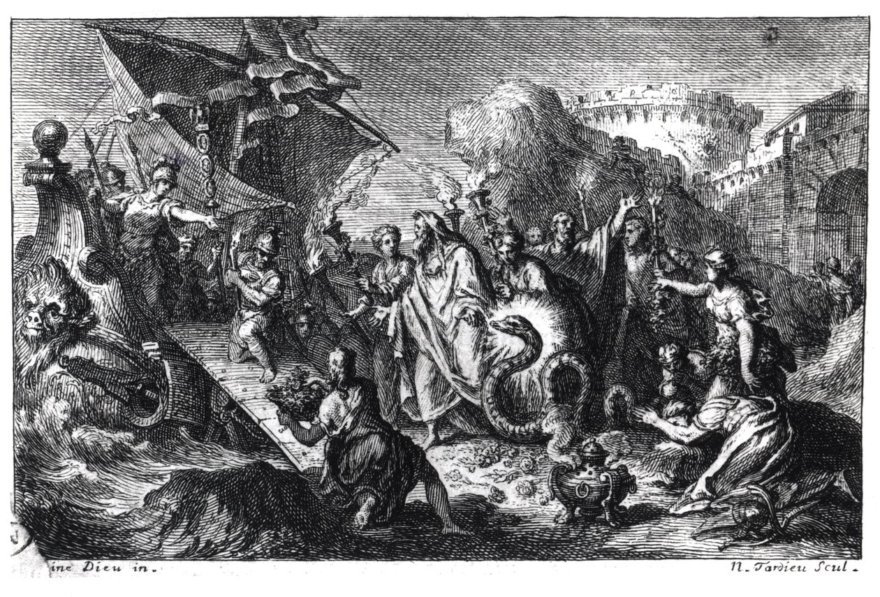 Reïncarnatie van Asclepios als een slang tijdens de komst van zijn cultus in Rome vanuit Griekenland in 293 v.Chr. door French School