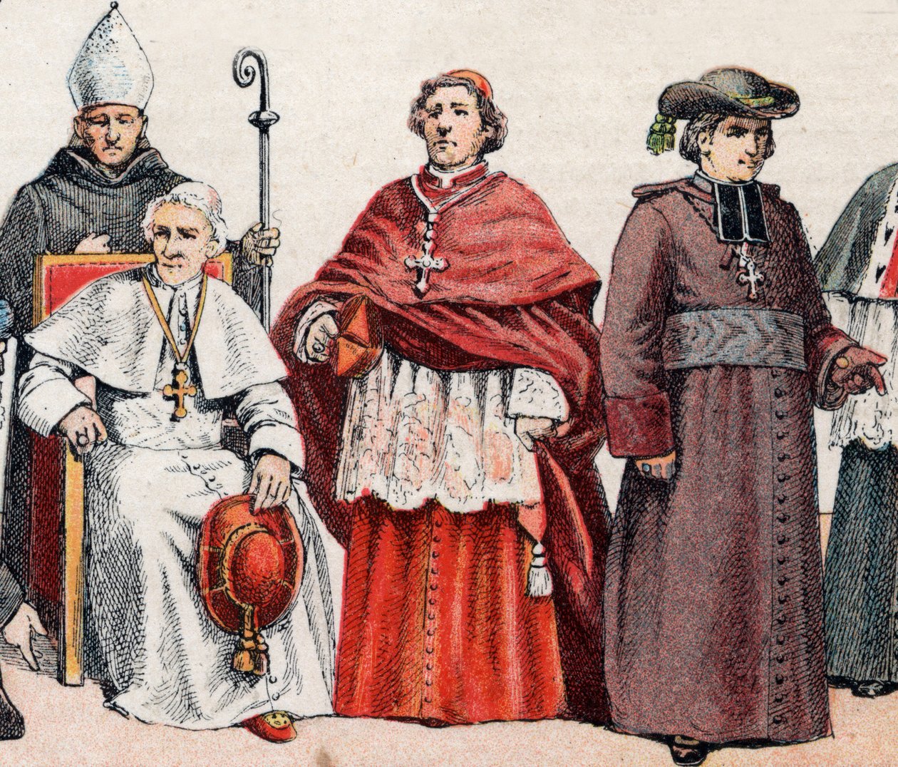 Religieuze kostuums: een bisschop met mijter en staf, paus Leo XIII zittend, een kardinaal in prelatice screed, en een bisschop in mantel door French School