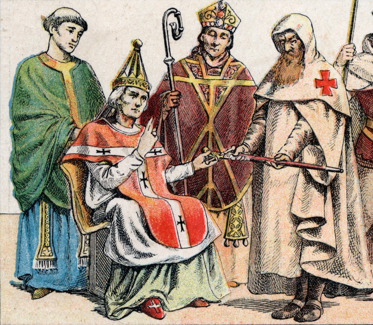 Religieuze kostuums in de Middeleeuwen: van links naar rechts een priester uit de 10e eeuw, een paus in de 11e eeuw, een bisschop (met mijter en staf) uit de 12e eeuw en een lid van de Orde van Hospitaalridders (Orde van Sint-Jan van Jeruzalem) door French School