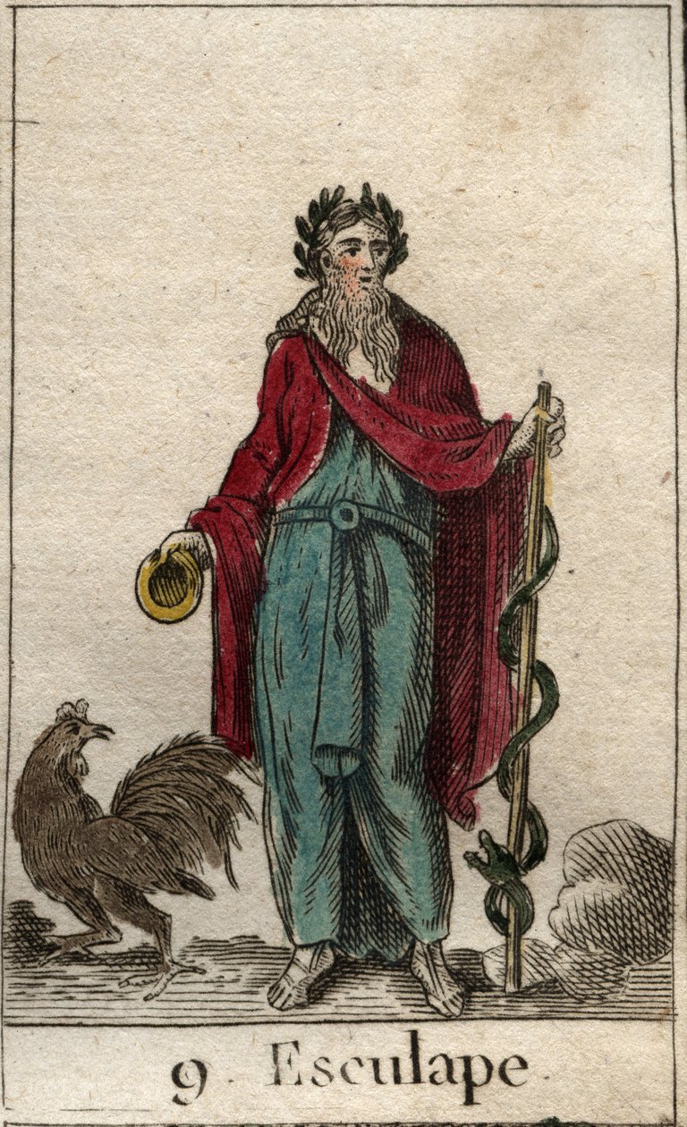 Afbeelding van Asclepios, god van de geneeskunde, hij houdt een staf van Asclepios vast, een pelgrimsstaf met een slang eromheen gewikkeld, symbool van kennis. door French School
