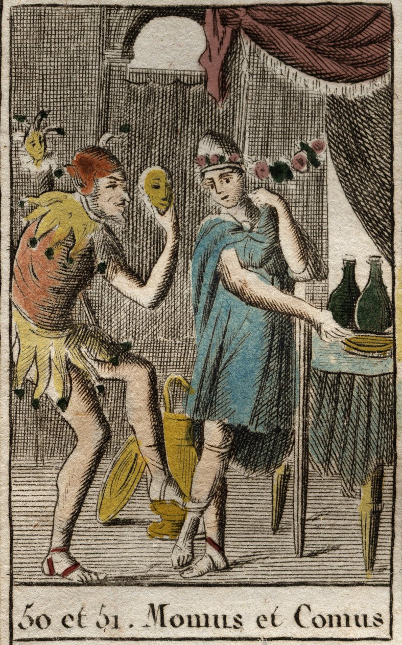 Voorstelling van Comus, god van fijnproevers en keuken, hij presideert feesten, leunt op een staak met een fakkel en Momos, personificatie van spot en sarcasme, hij wordt afgebeeld als een hofnar. Uit 