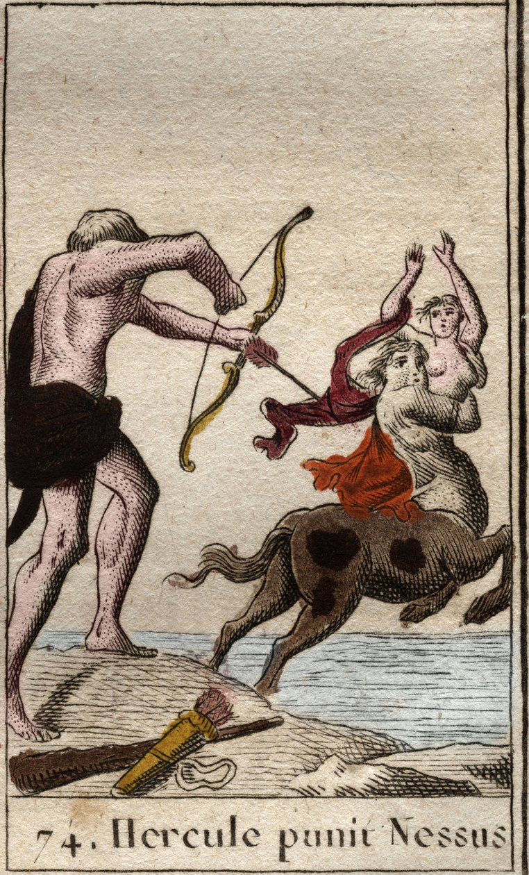 Voorstelling van Hercules die een vergiftigde pijl afschiet op de centaur Nessus die zijn vrouw Deianira ontvoert. Uit 