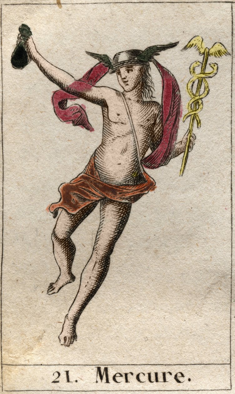 Voorstelling van Mercurius, god van de handel, reizen en boodschapper van andere goden. Hij houdt een caduceus vast en draagt een petasos. Uit 