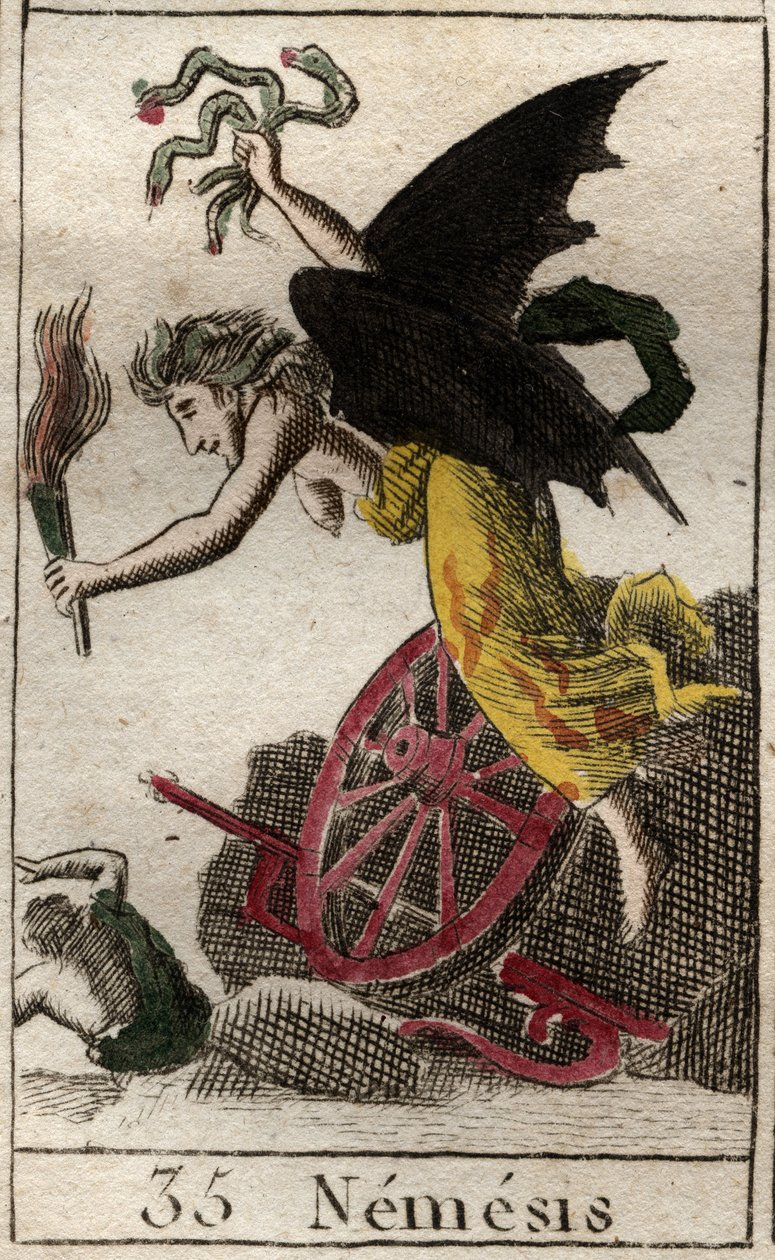 Voorstelling van Nemesis, godin van de wraak, afgebeeld als een gevleugelde vrouw met een fakkel, en slangen, wiel en roer die aangeven dat ze haar slachtoffers over zee en land achtervolgde. door French School