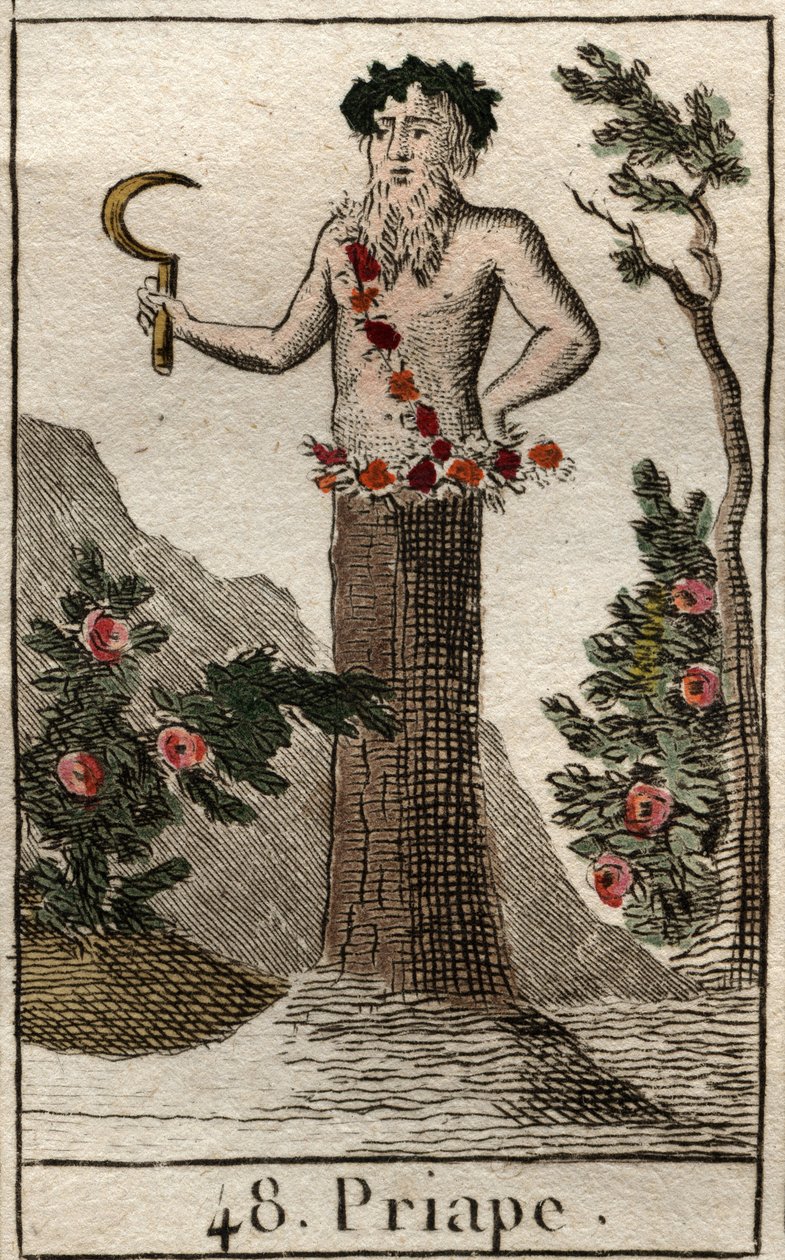 Voorstelling van Priapus, god van de vruchtbaarheid, vaak afgebeeld met een permanent erecte penis, met een sikkel in zijn hand. Uit 