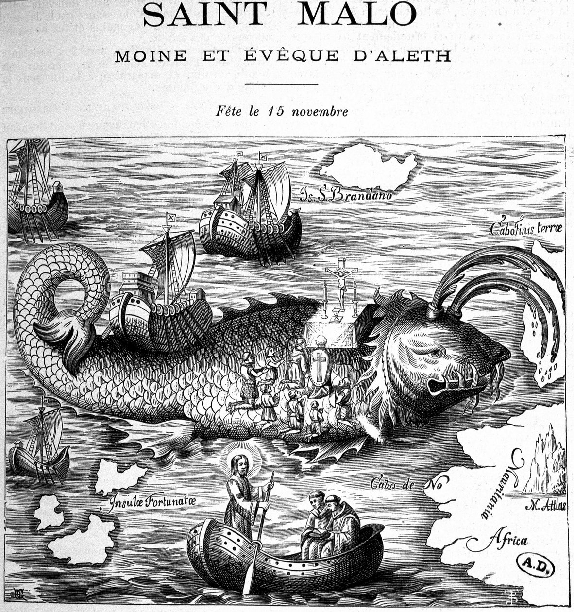 Voorstelling van Saint Malo (Saint Maclou) op de rug van een walvis, afgebeeld op de manier van Saint Brendan (Brandan) door Clonfert of Breanainn door Clonfert (ca. 484-577/578) - gravure door French School