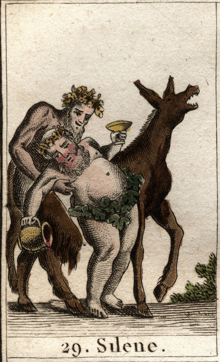 Voorstelling van Silenus, metgezel van Bacchus, dronken, ondersteund door een satyr. Uit 