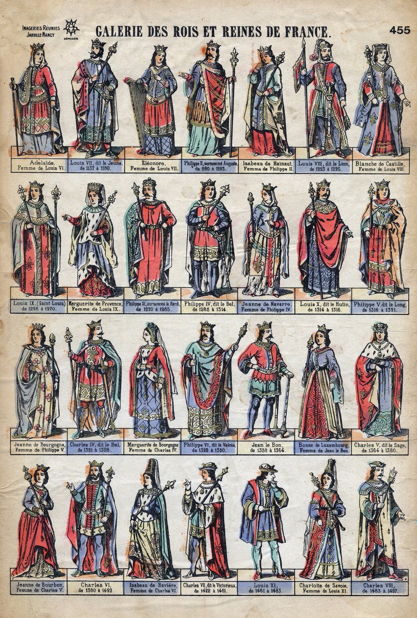 Voorstelling van koningen en koninginnen van Frankrijk uit de Capetiaanse dynastie (van Lodewijk VII tot Karel VIII). Illustratie eind 19e eeuw. door French School