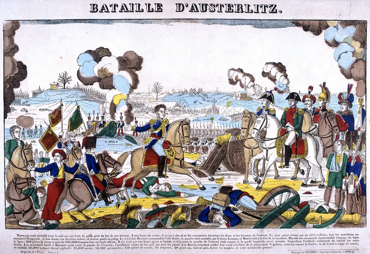 Weergave van de Slag bij Austerlitz, of Slag der Drie Keizers, op 02/12/1805. Afbeelding van Epinal door French School