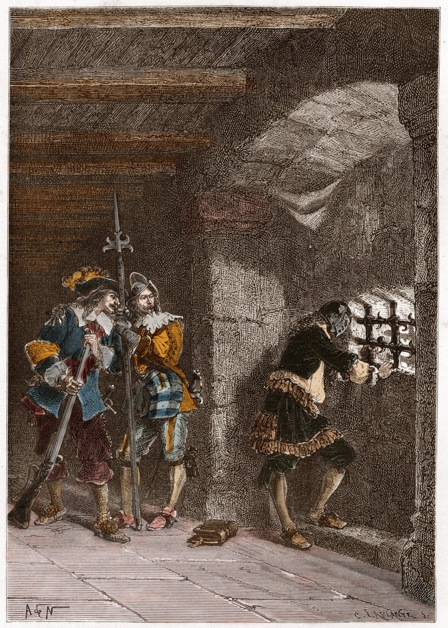 Voorstelling van het IJzeren Masker (overleden 1703) opgesloten op het eiland Sainte Marguerite door French School