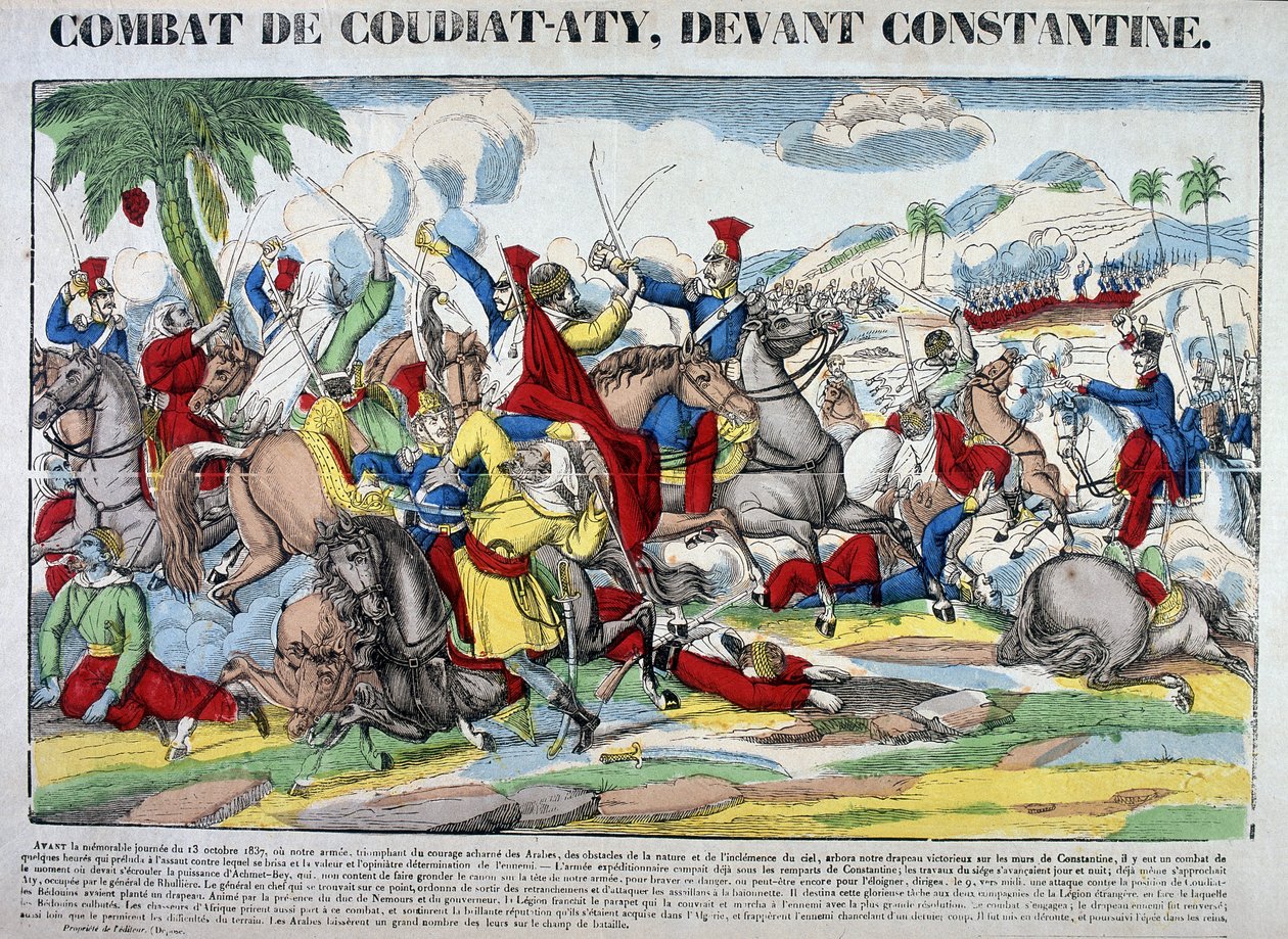 Weergave van de slag bij Coudiat Aty, voor Constantine, die leidde tot de verovering van Constantine op 13 oktober 1837. Afbeelding van Epinal door French School