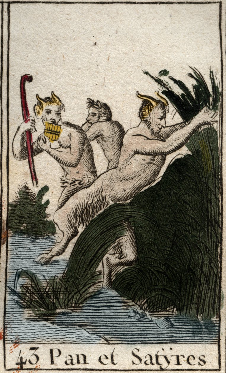 Afbeelding van de landgod Pan en saters. Hij heeft harige dijen, geitenpoten en speelt fluit (Syrinx) met meerdere pijpen. Uit 