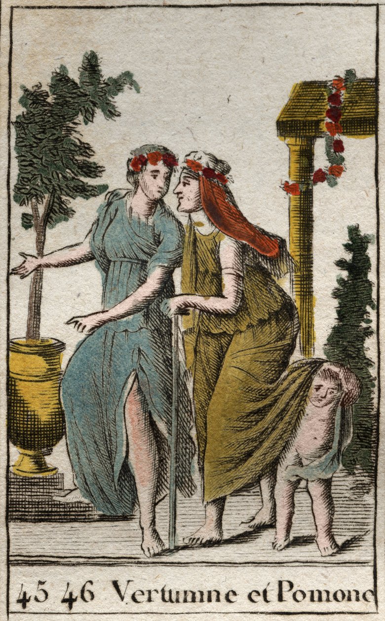 Afbeelding van de god van de herfst Vertumnus en Pomona, nimf van fruit en tuinieren. Vertumnus neemt de gedaante aan van een oude vrouw om Pomona te verleiden. Uit 