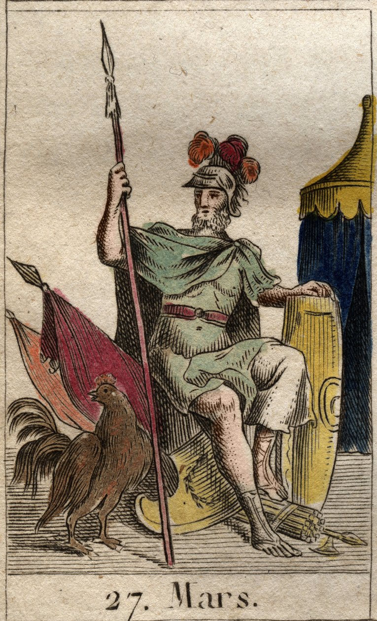 Afbeelding van de god van de oorlog Mars, gewapend, bij een haan. Uit 