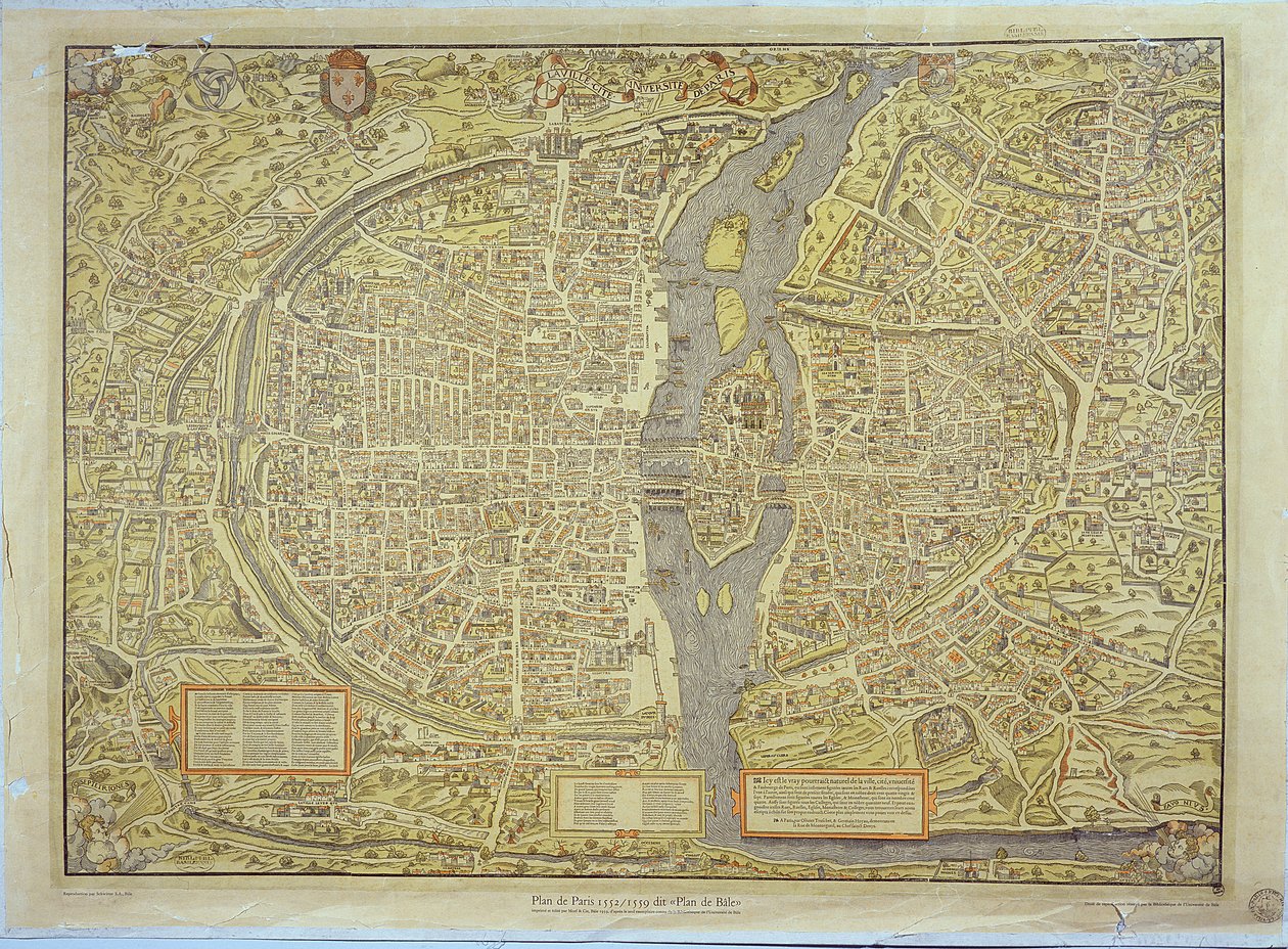 Reproductie van de Basel Kaart van Parijs, oorspronkelijk geproduceerd in 1552-59 door French School